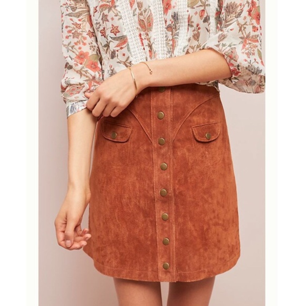 Anthropologie Rust Suede Button-Front Mini Skirt